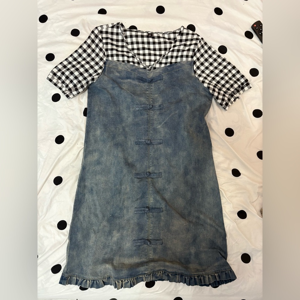 Delicious Vintage Black and White Gingham Distressed Denim Dress